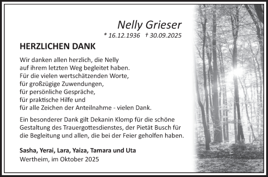 Traueranzeige von Nelly Grieser von Fränkische Nachrichten