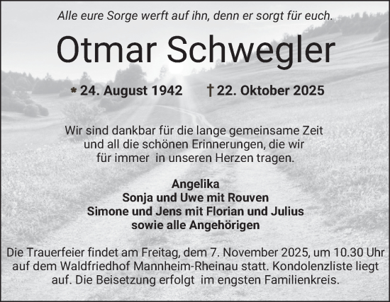 Traueranzeige von Otmar Schwegler von Mannheimer Morgen