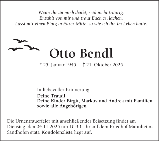 Traueranzeige von Otto Bendl von Mannheimer Morgen