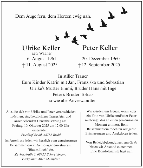 Traueranzeige von Peter Keller von Schwetzinger Zeitung