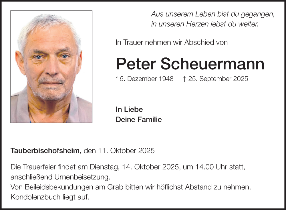  Traueranzeige für Peter Scheuermann vom 11.10.2025 aus Fränkische Nachrichten