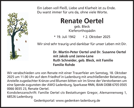 Traueranzeige von Renate Oertel von Mannheimer Morgen