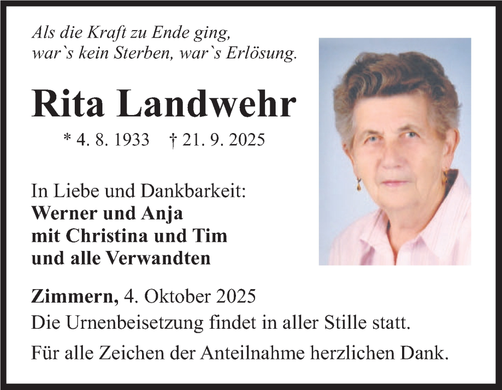  Traueranzeige für Rita Landwehr vom 04.10.2025 aus Fränkische Nachrichten