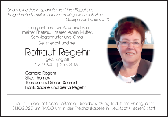 Traueranzeige von Rofraut Regehr von Fränkische Nachrichten