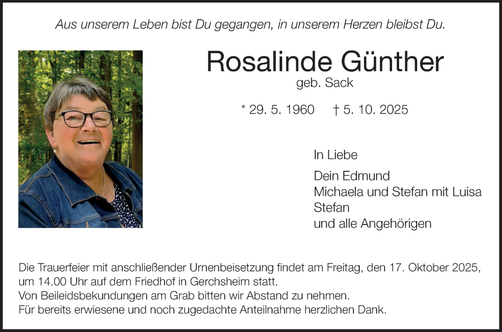  Traueranzeige für Rosalinde Günther vom 11.10.2025 aus Fränkische Nachrichten
