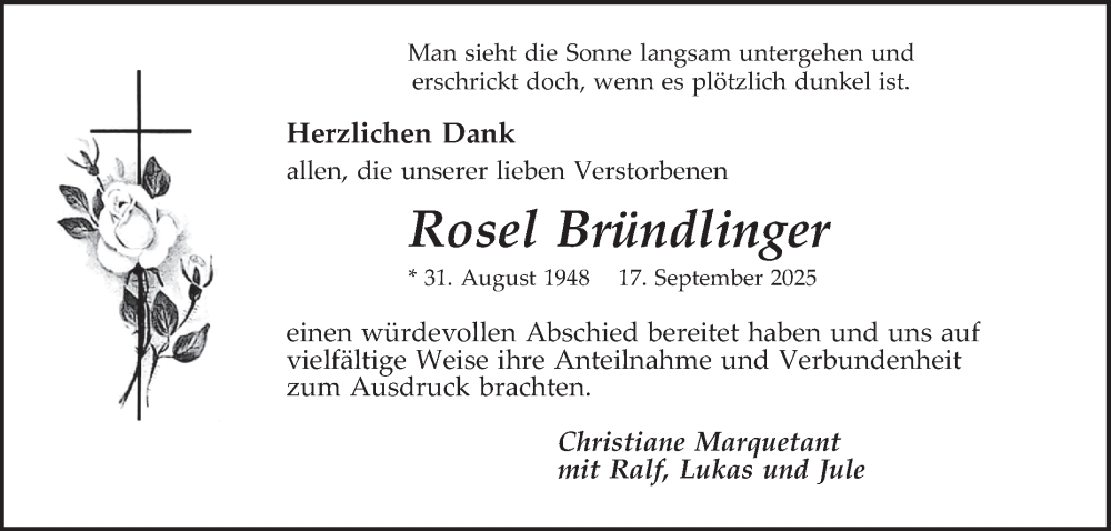  Traueranzeige für Rosel Bründlinger vom 18.10.2025 aus Schwetzinger Zeitung