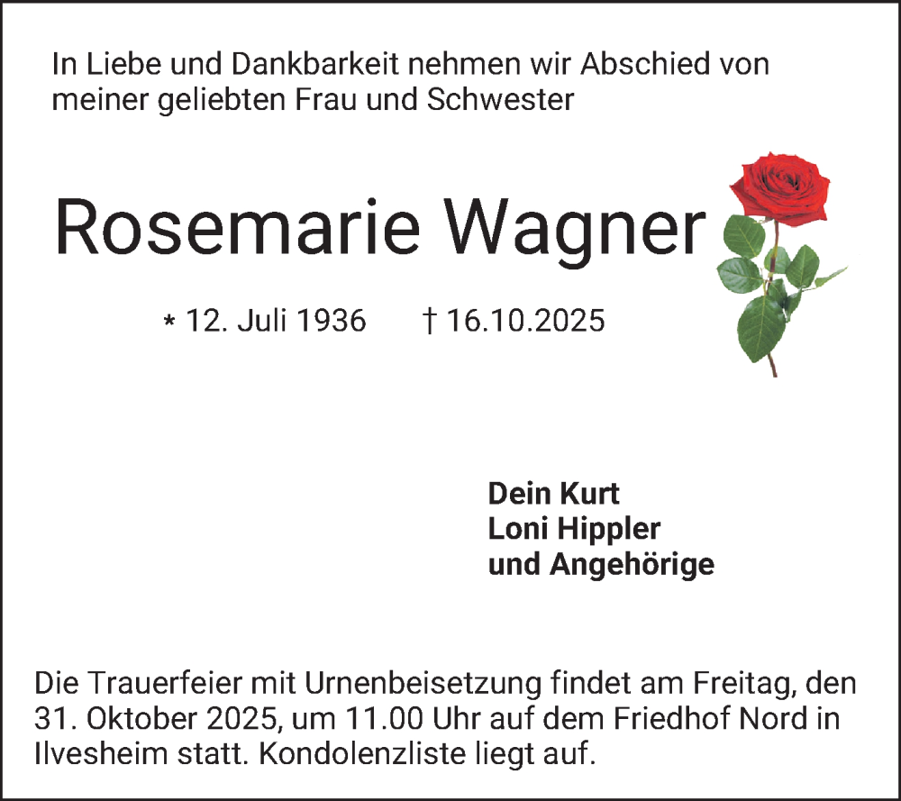  Traueranzeige für Rosemarie Wagner vom 25.10.2025 aus Mannheimer Morgen