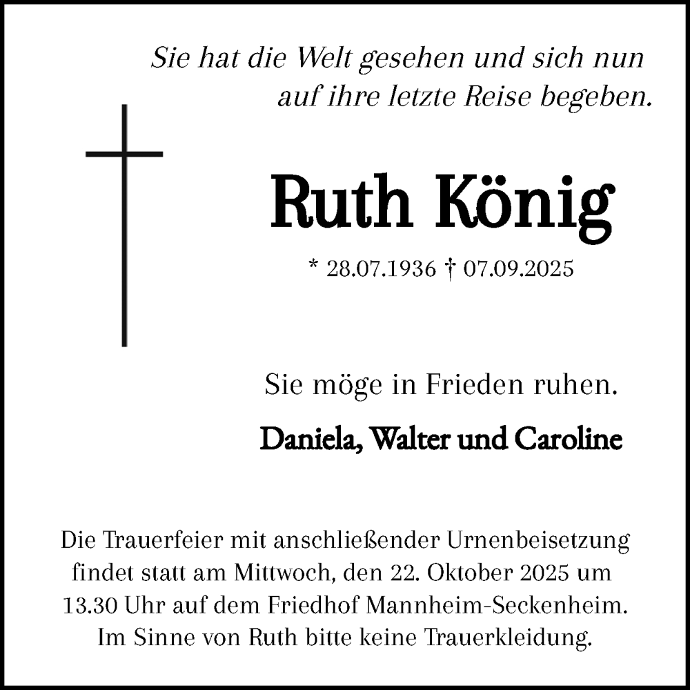  Traueranzeige für Ruth König vom 11.10.2025 aus Mannheimer Morgen