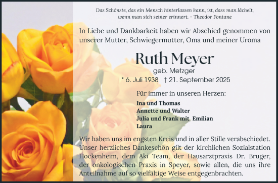 Traueranzeige von Ruth Meyer von Schwetzinger Zeitung