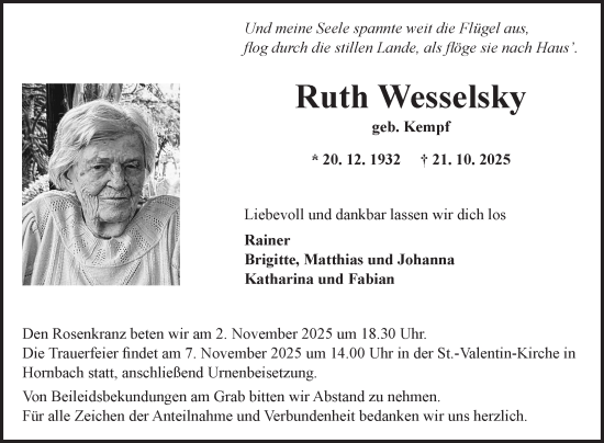 Traueranzeige von Ruth Wesselsky von Fränkische Nachrichten