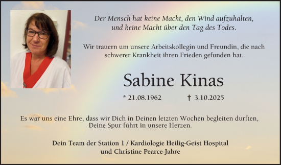 Traueranzeige von Sabine Kinas von Bergsträßer Anzeiger