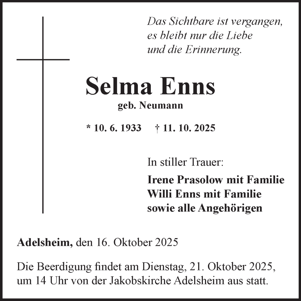  Traueranzeige für Selma Enns vom 16.10.2025 aus Fränkische Nachrichten