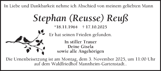 Traueranzeige von Stephan Reuß von Mannheimer Morgen