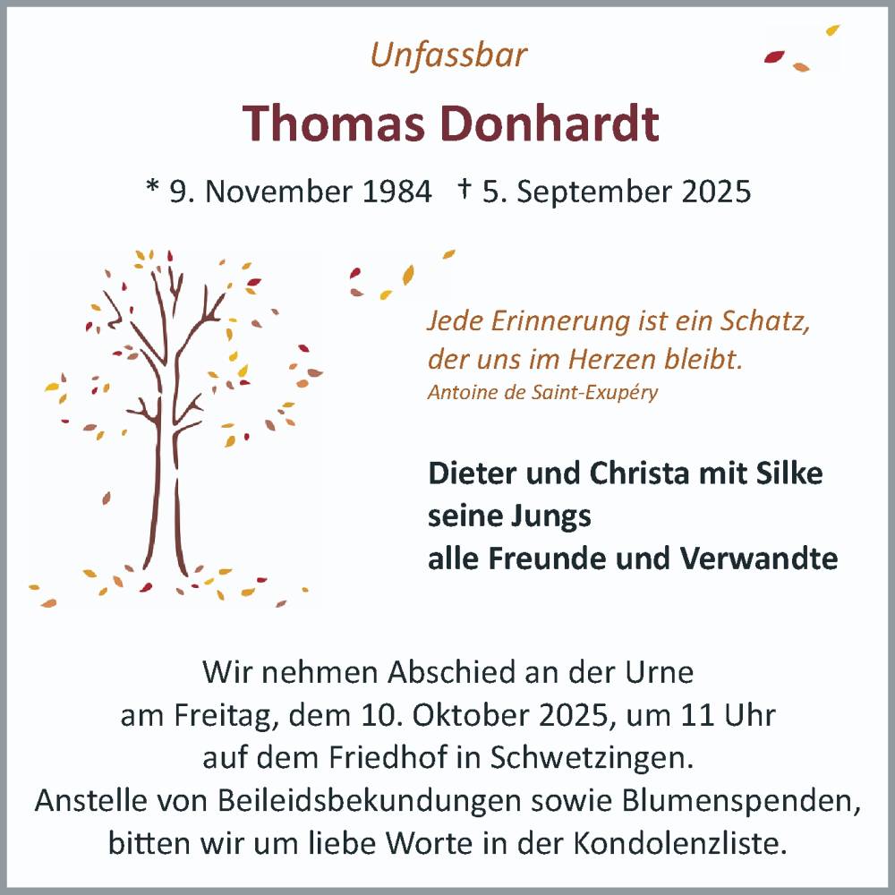  Traueranzeige für Thomas Donhardt vom 04.10.2025 aus Schwetzinger Zeitung