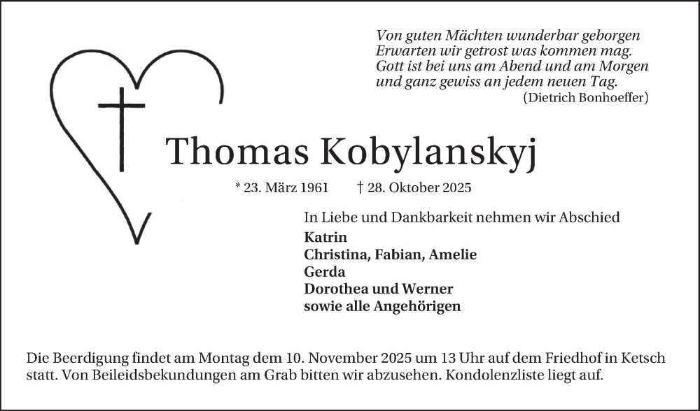  Traueranzeige für Thomas Kobylanskyj vom 31.10.2025 aus Schwetzinger Zeitung