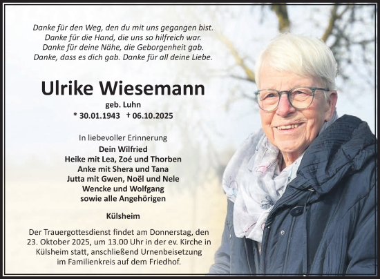 Traueranzeige von Ulrike Wiesemann von Fränkische Nachrichten