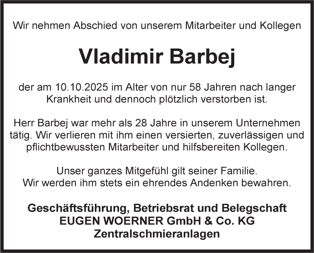  Traueranzeige für Vladimir Barbej vom 14.10.2025 aus Fränkische Nachrichten