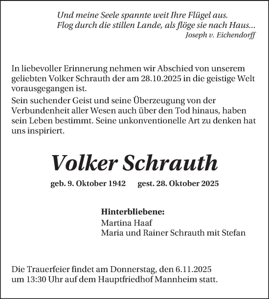 Traueranzeige von Volker Schrauth von Mannheimer Morgen