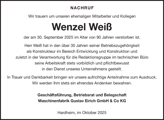 Traueranzeige von Wenzel Weiß von Fränkische Nachrichten