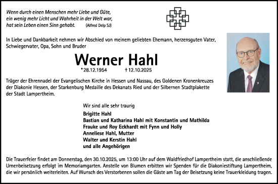 Traueranzeige von Werner Hahl von Mannheimer Morgen