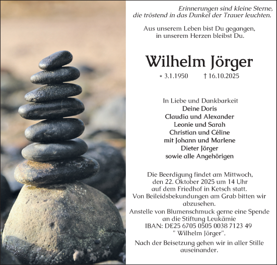 Traueranzeige von Wilhelm Jörger von Schwetzinger Zeitung