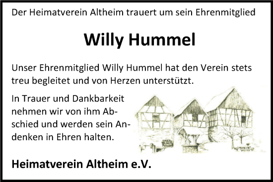 Traueranzeige von Willy Hummel von Fränkische Nachrichten