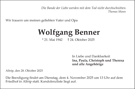 Traueranzeige von Wolfgang Benner von Mannheimer Morgen