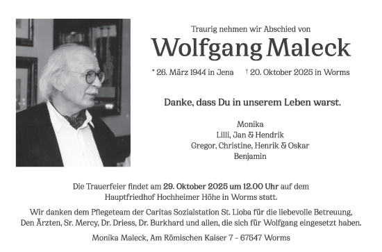 Traueranzeige von Wolfgang Maleck von Bergsträßer Anzeiger