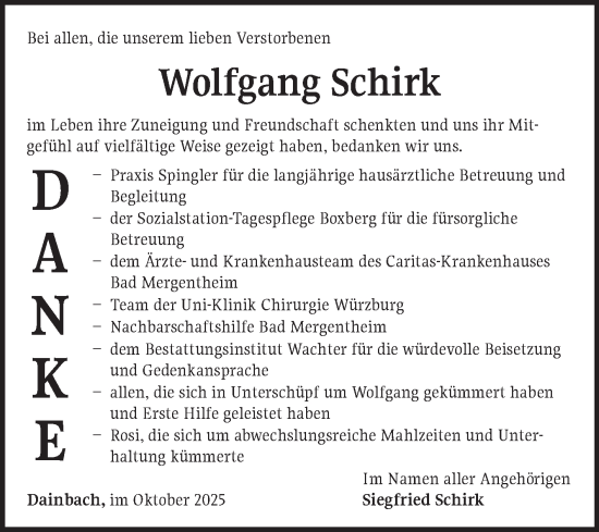 Traueranzeige von Wolfgang Schirk von Fränkische Nachrichten