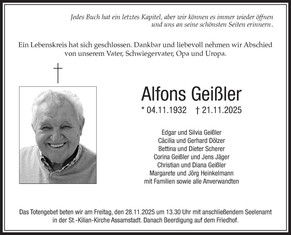  Traueranzeige für Alfons Geißler vom 26.11.2025 aus Fränkische Nachrichten