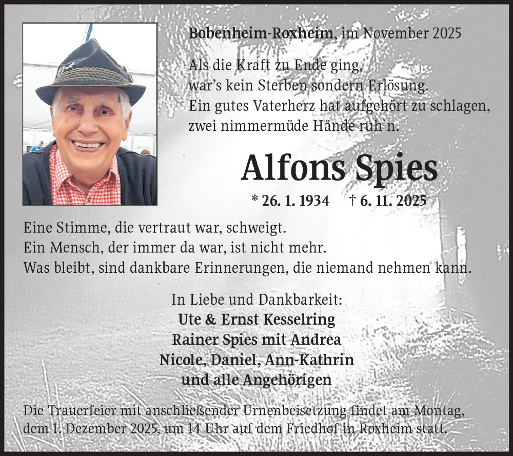  Traueranzeige für Alfons Spies vom 22.11.2025 aus Fränkische Nachrichten