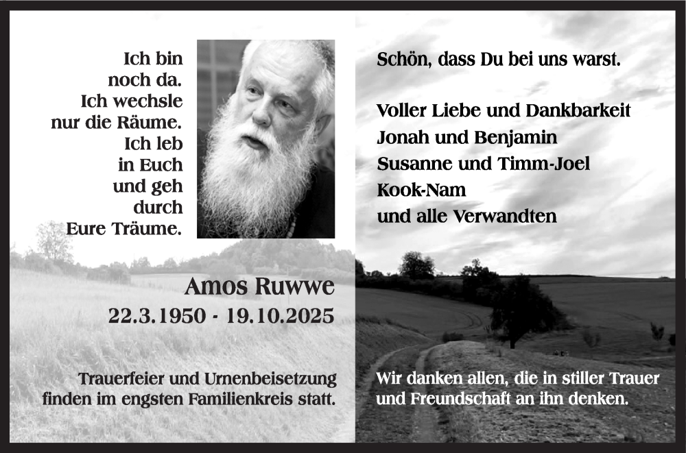  Traueranzeige für Amos Ruwwe vom 04.11.2025 aus Fränkische Nachrichten