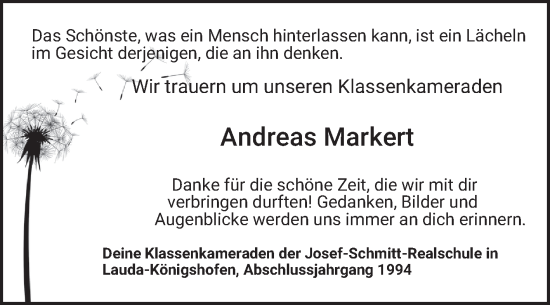 Traueranzeige von Andreas Markert von Fränkische Nachrichten