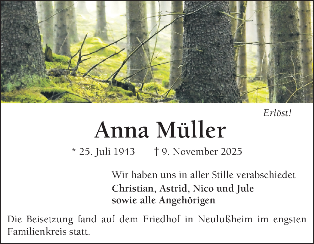  Traueranzeige für Anna Müller vom 22.11.2025 aus Schwetzinger Zeitung