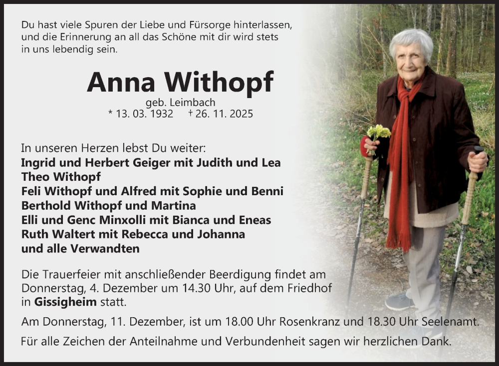  Traueranzeige für Anna Withopf vom 29.11.2025 aus Fränkische Nachrichten
