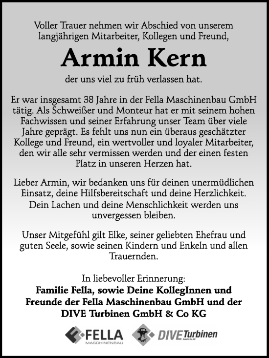 Traueranzeige von Armin Kern von Fränkische Nachrichten