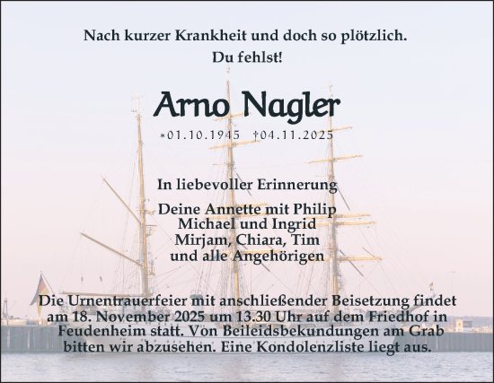 Traueranzeige von Arno Nagler von Mannheimer Morgen