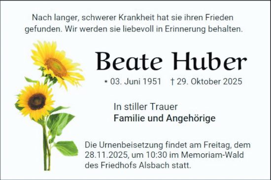 Traueranzeige von Beate Huber von Bergsträßer Anzeiger