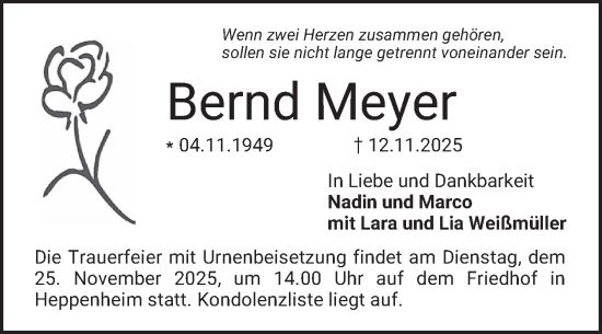 Traueranzeige von Bernd Meyer von Bergsträßer Anzeiger