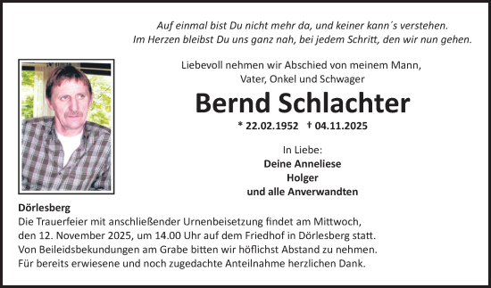 Traueranzeige von Bernd Schlachter von Fränkische Nachrichten