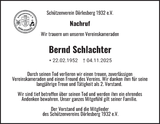 Traueranzeige von Bernd Schlachter von Fränkische Nachrichten