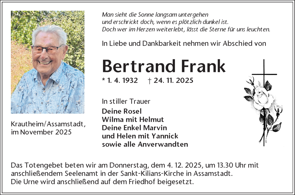  Traueranzeige für Bertrand Frank vom 01.12.2025 aus Fränkische Nachrichten