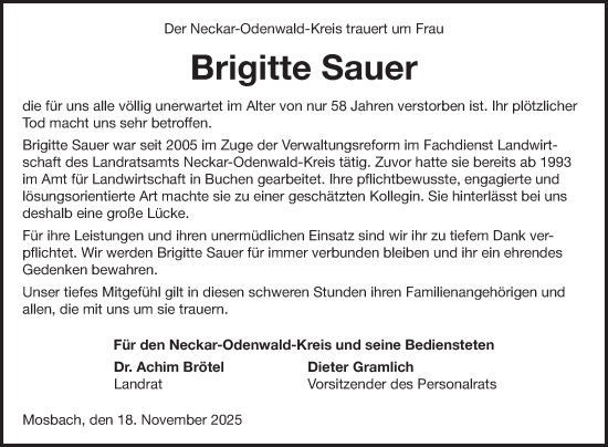 Traueranzeige von Brigitte Sauer von Fränkische Nachrichten
