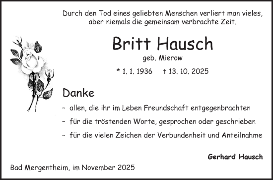 Traueranzeige von Britt Hausch von Fränkische Nachrichten