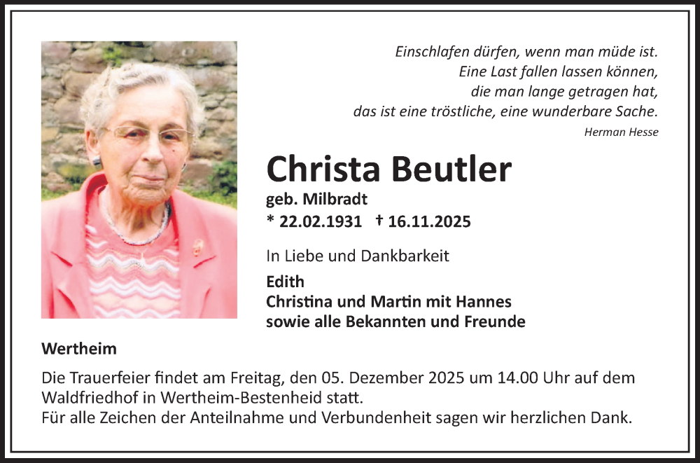  Traueranzeige für Christa Beutler vom 29.11.2025 aus Fränkische Nachrichten
