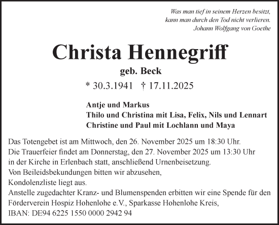 Traueranzeige von Christa Hennegriff von Fränkische Nachrichten