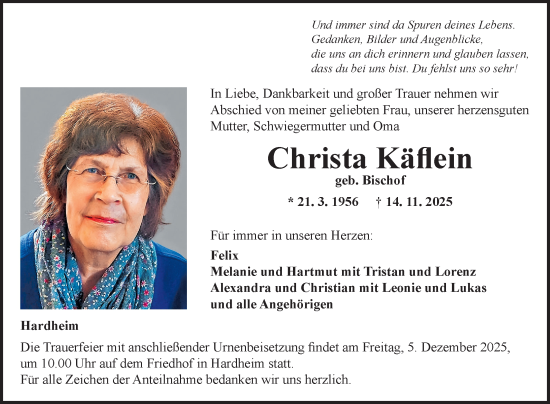 Traueranzeige von Christa Käflein von Fränkische Nachrichten
