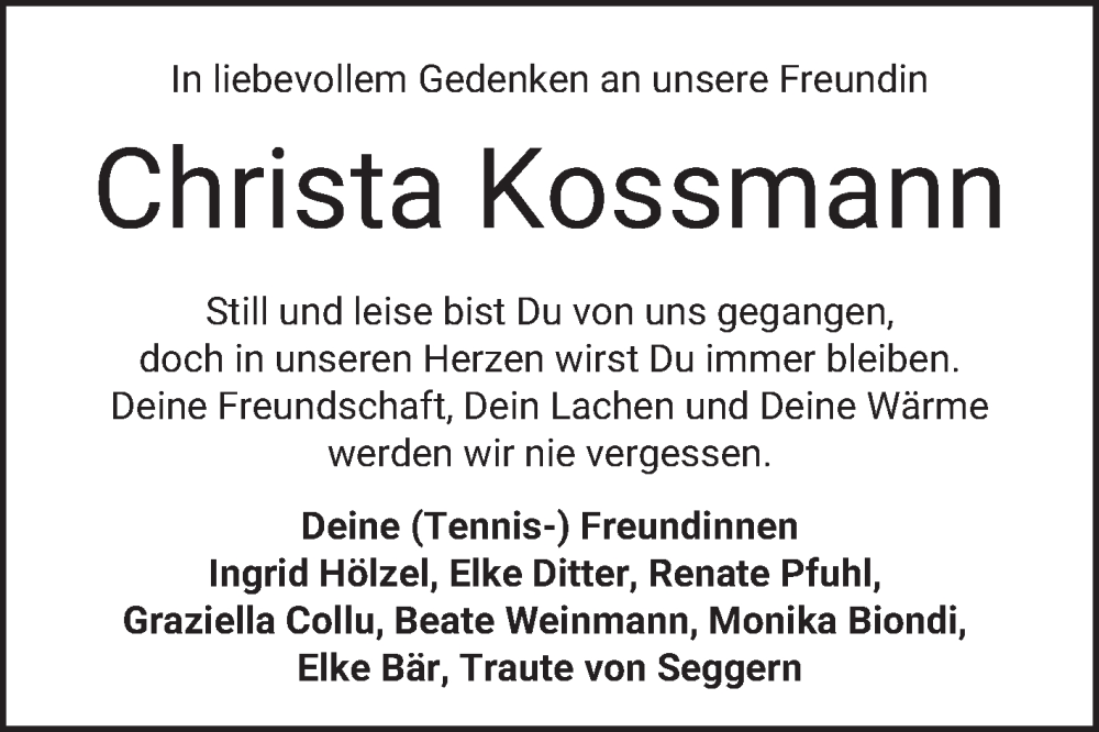  Traueranzeige für Christa Kossmann vom 08.11.2025 aus Bergsträßer Anzeiger