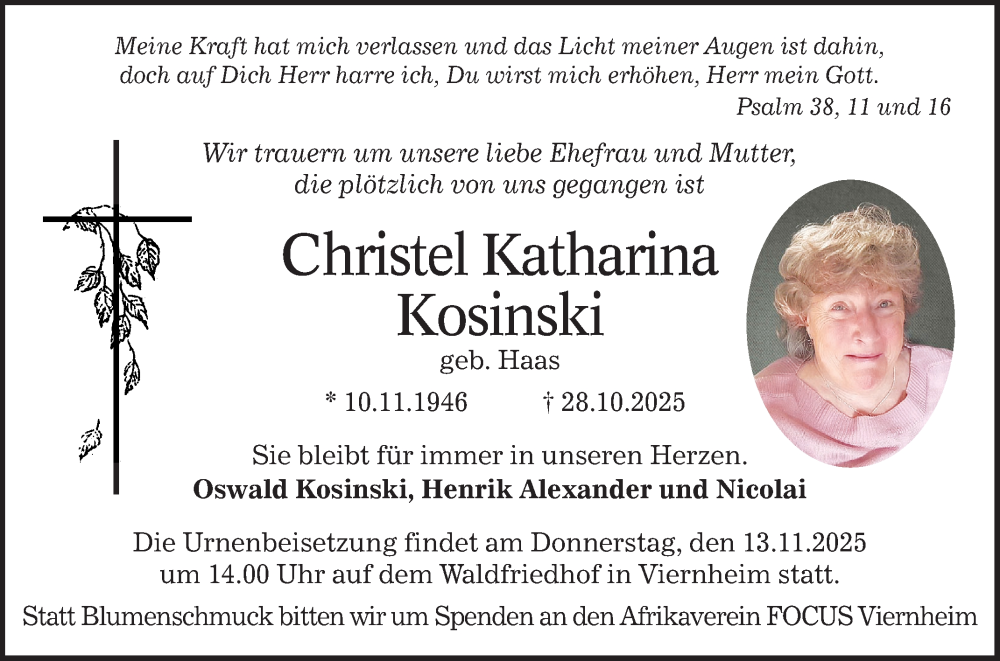  Traueranzeige für Christel Katharina Kosinski vom 08.11.2025 aus Mannheimer Morgen