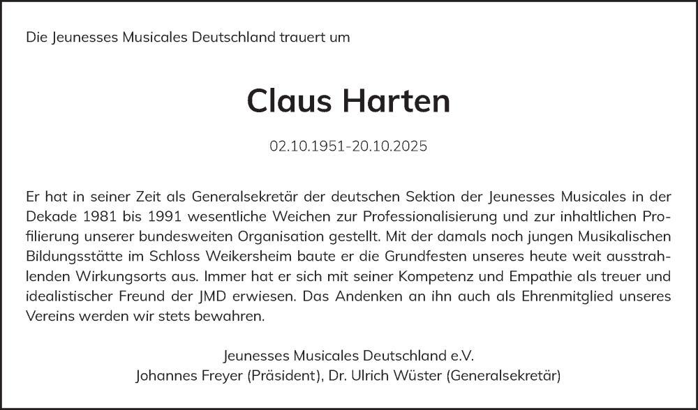  Traueranzeige für Claus Harten vom 07.11.2025 aus Fränkische Nachrichten